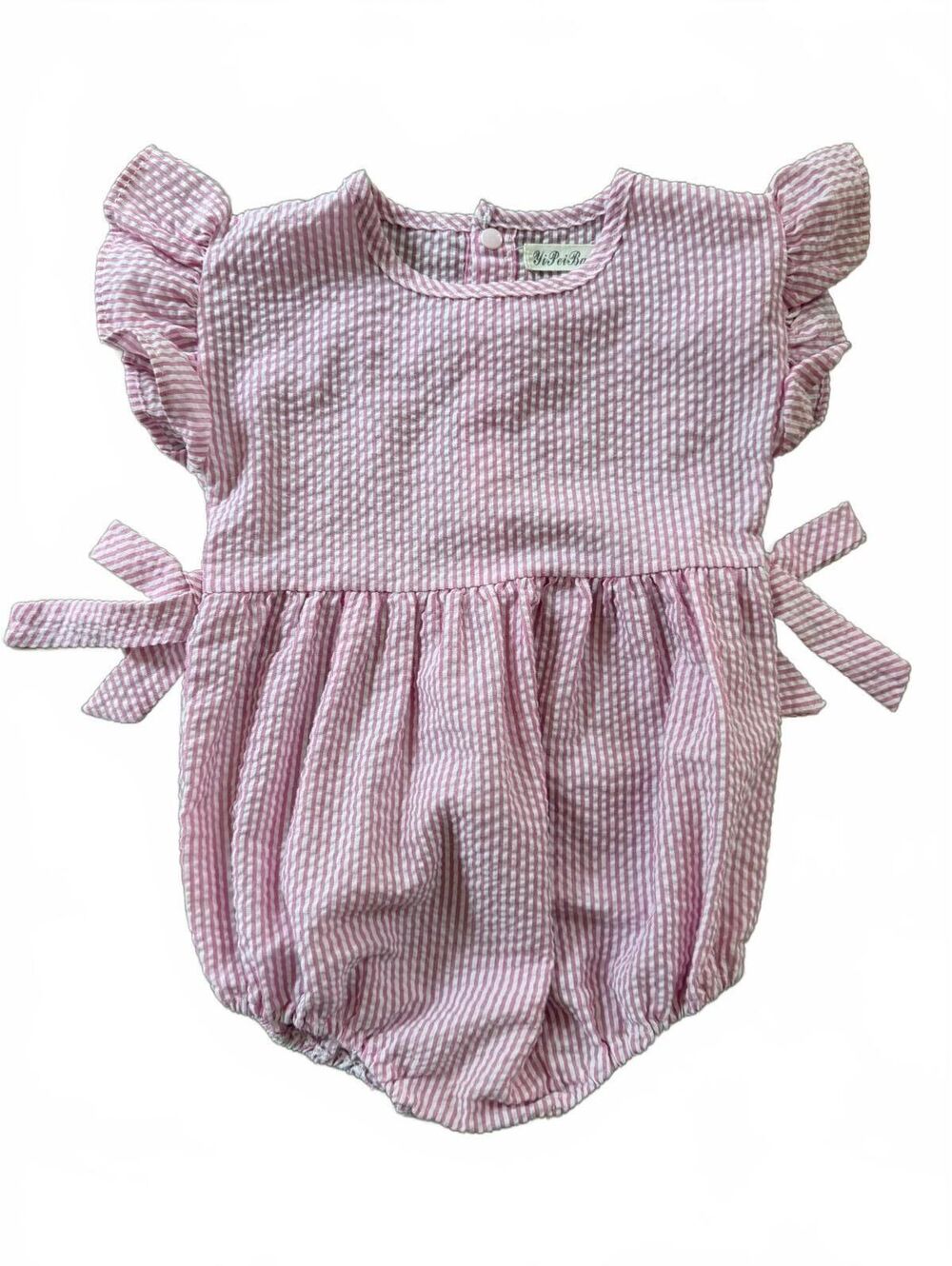 Pink White Seersucker Bubble Romper 3T Ruffle Sleeves Side Tie Detail